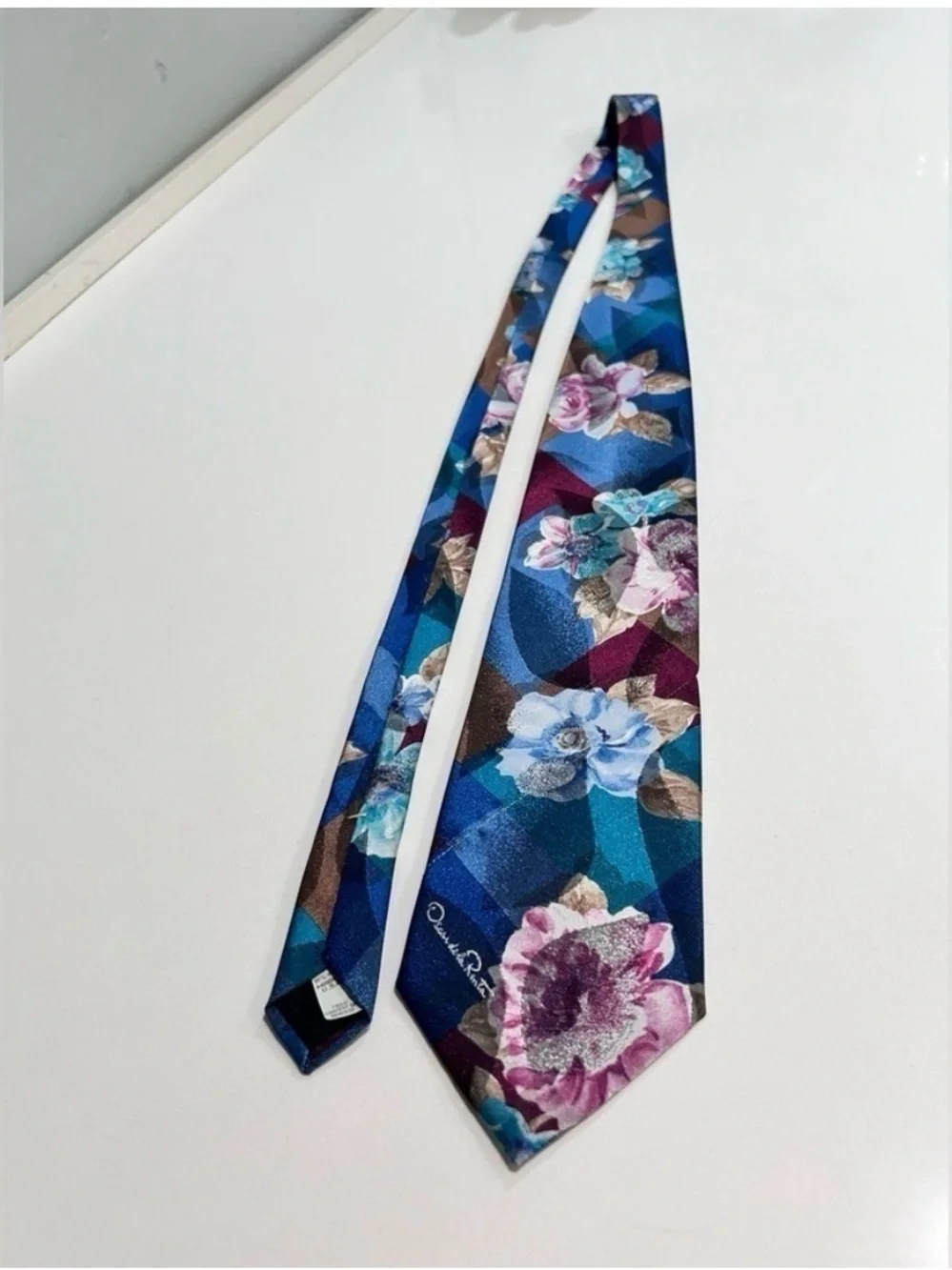 Oscar de la Renta Teal Blue Floral Silk Scarf